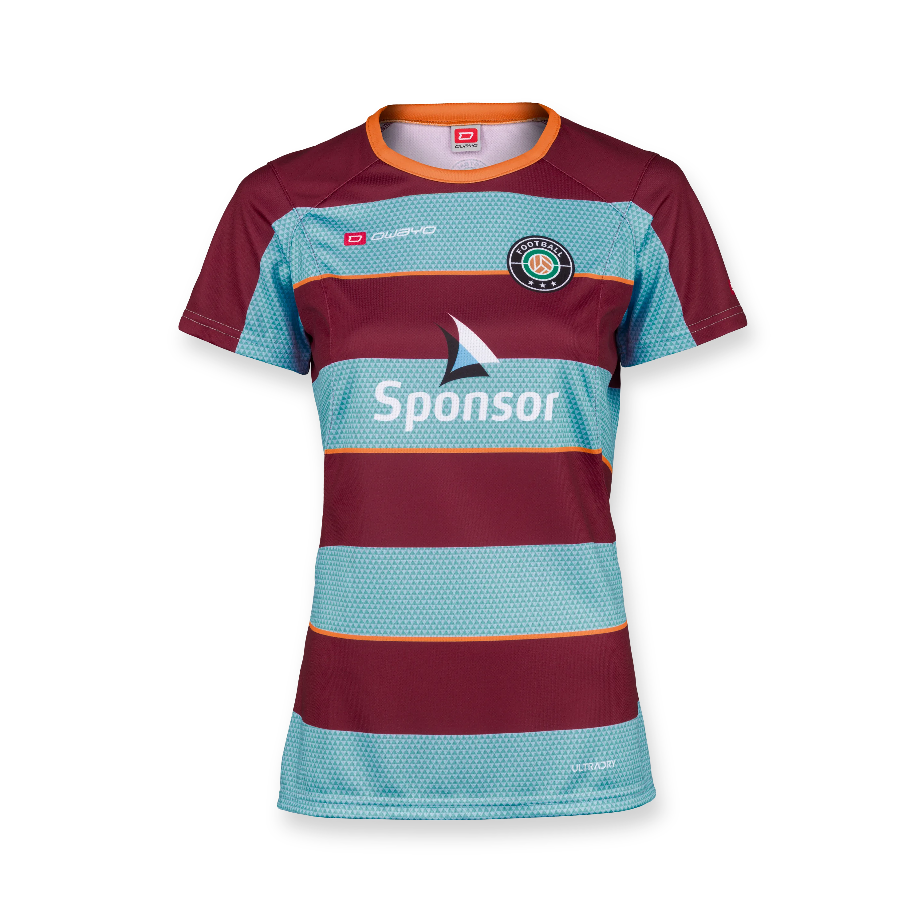 Un maillot de sport rayé rouge et bleu avec un col rond et un logo de sponsor à l'avant.