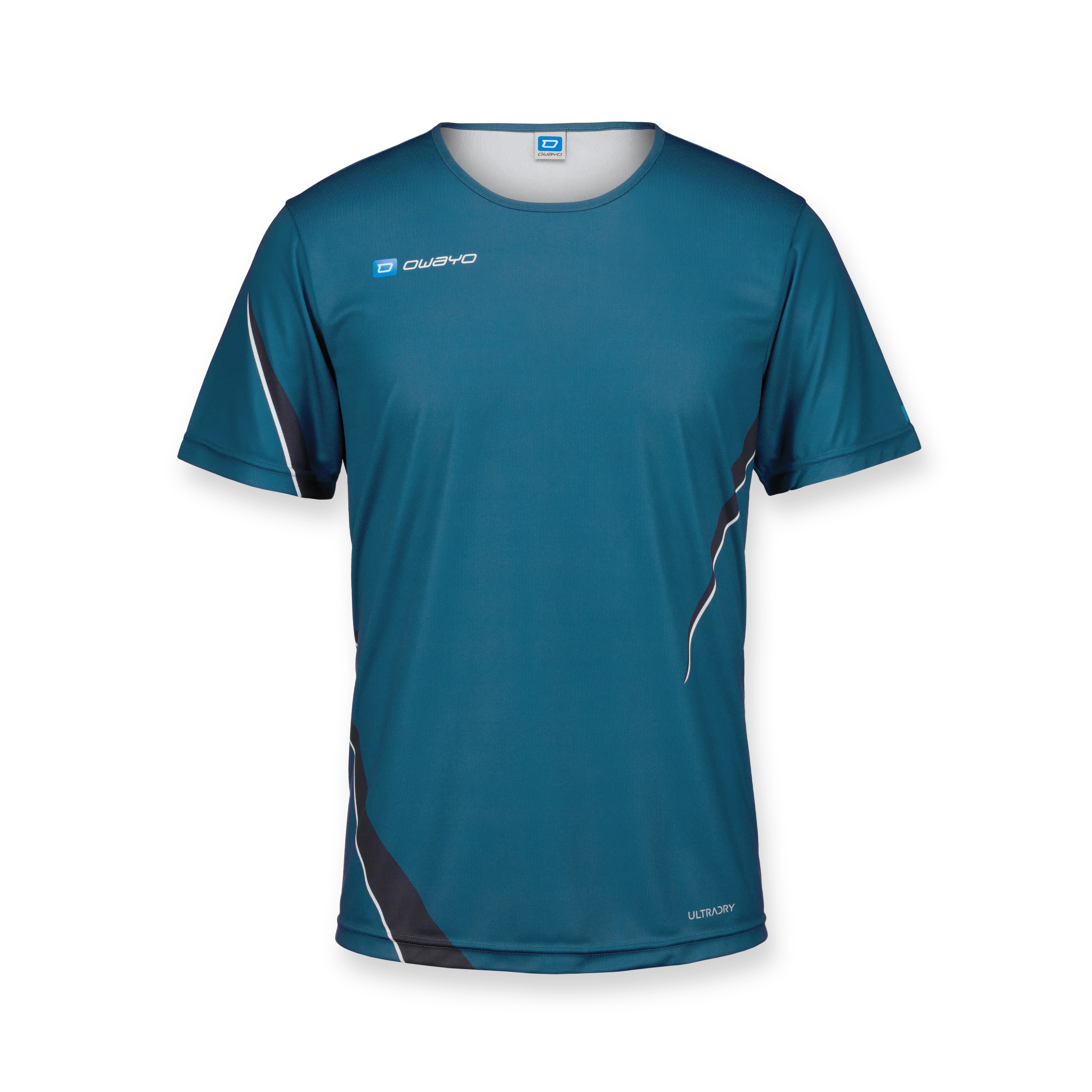 Un t-shirt de sport court, bleu avec des accents blancs et noirs, idéal pour les activités sportives.