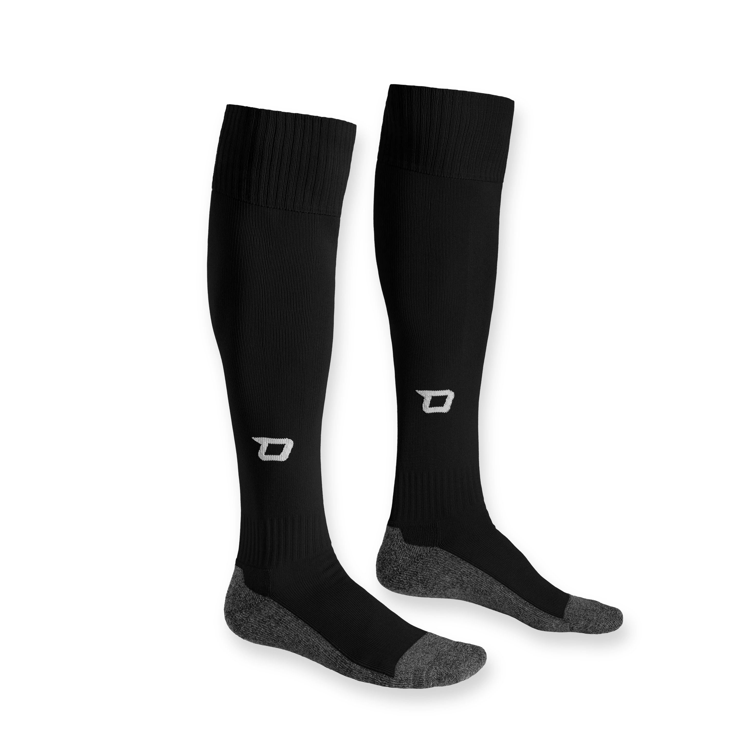 Chaussettes de sport noires avec des accents gris et un poignet élastique.