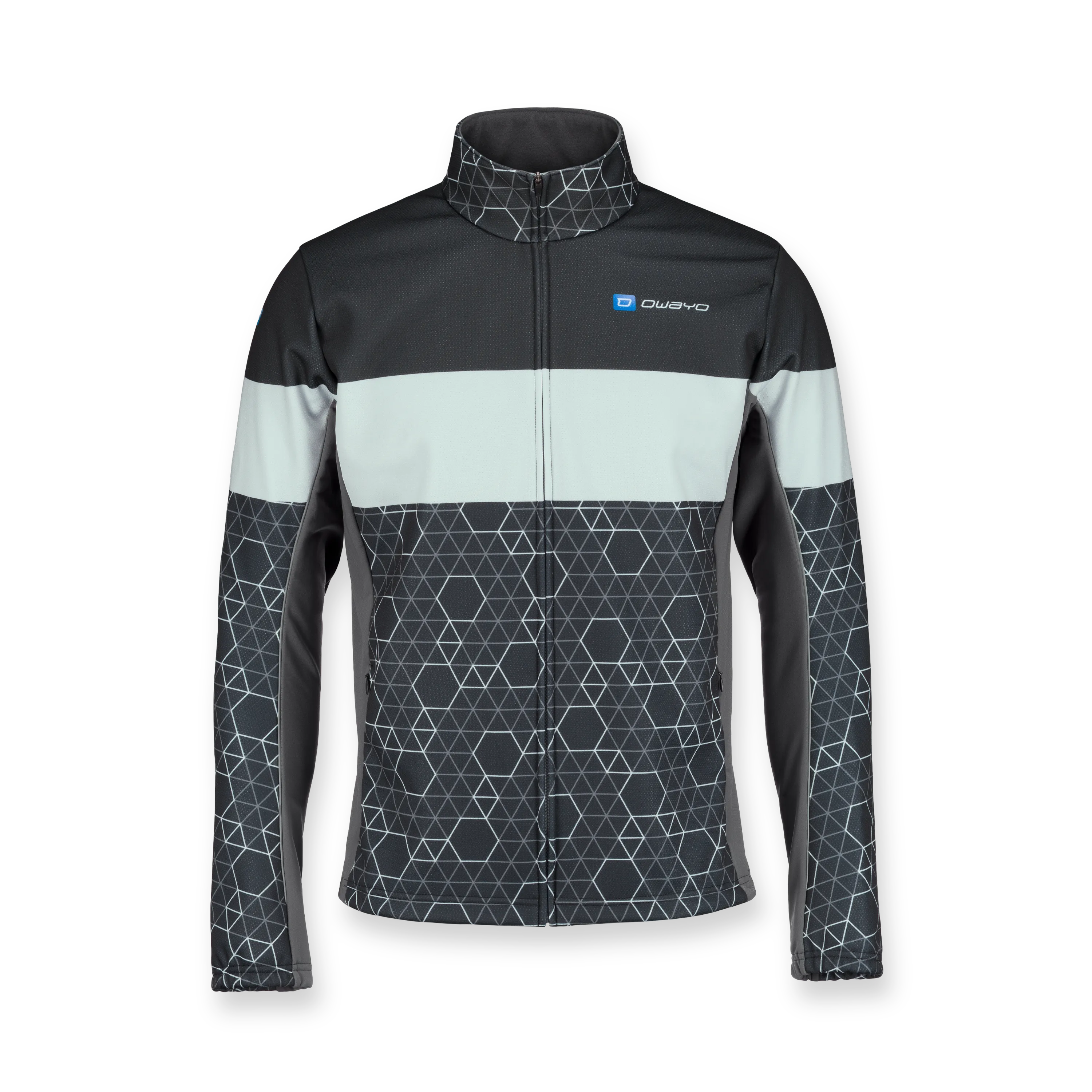 Veste de sport noire avec un design géométrique et col montant.
