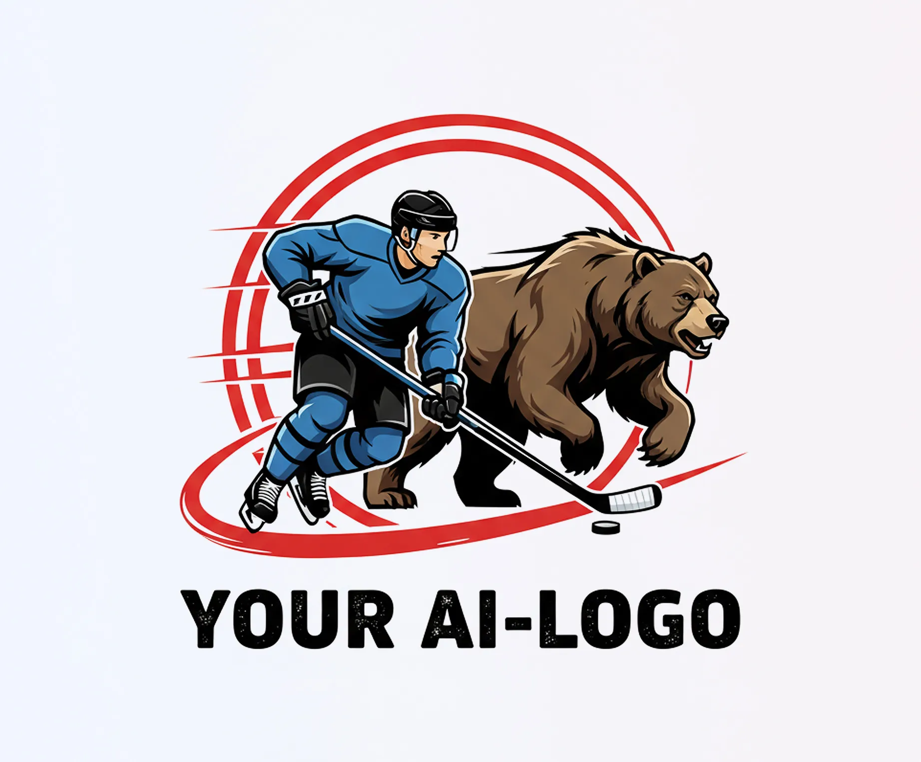 Un joueur de hockey en maillot bleu patine avec une crosse aux côtés d'un ours.