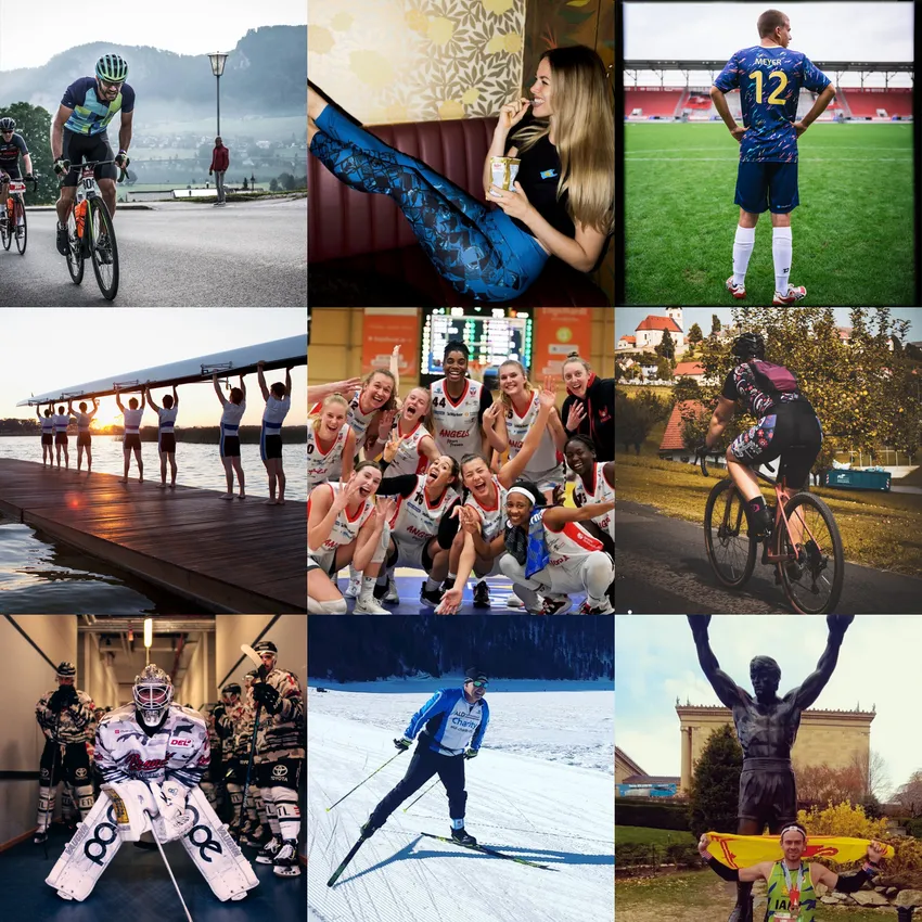 Une mosaïque d'athlètes dans différents sports, y compris le cyclisme, le basketball, l'aviron et le ski de fond, présentée en vêtements de sport personnalisés.
