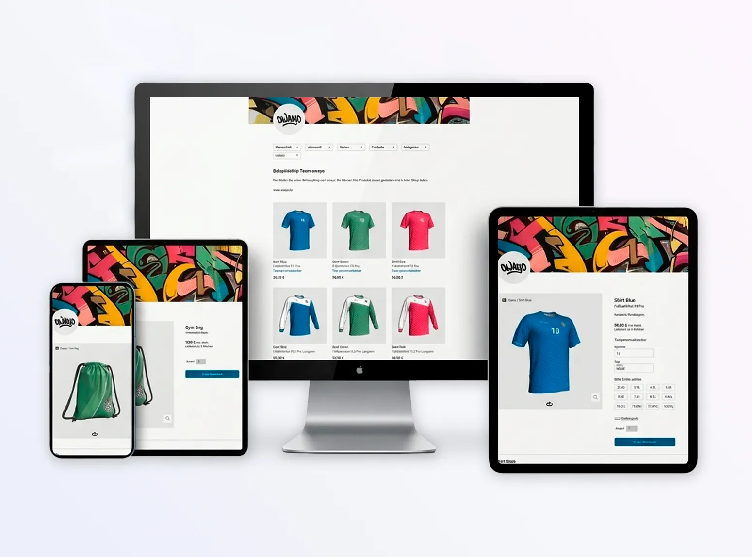Le site web de owayo est affiché sur un ordinateur de bureau, une tablette et un smartphone, présentant des vêtements et équipements de sport.