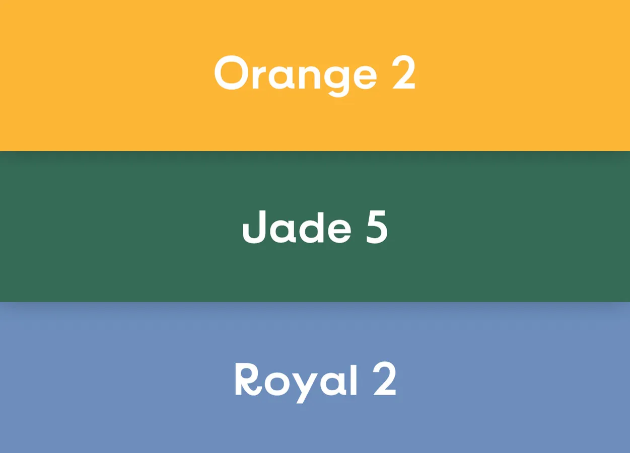 Trois bandes horizontales de couleur orange, jade et bleu royal avec les étiquettes 'Orange 2', 'Jade 5' et 'Royal 2'.
