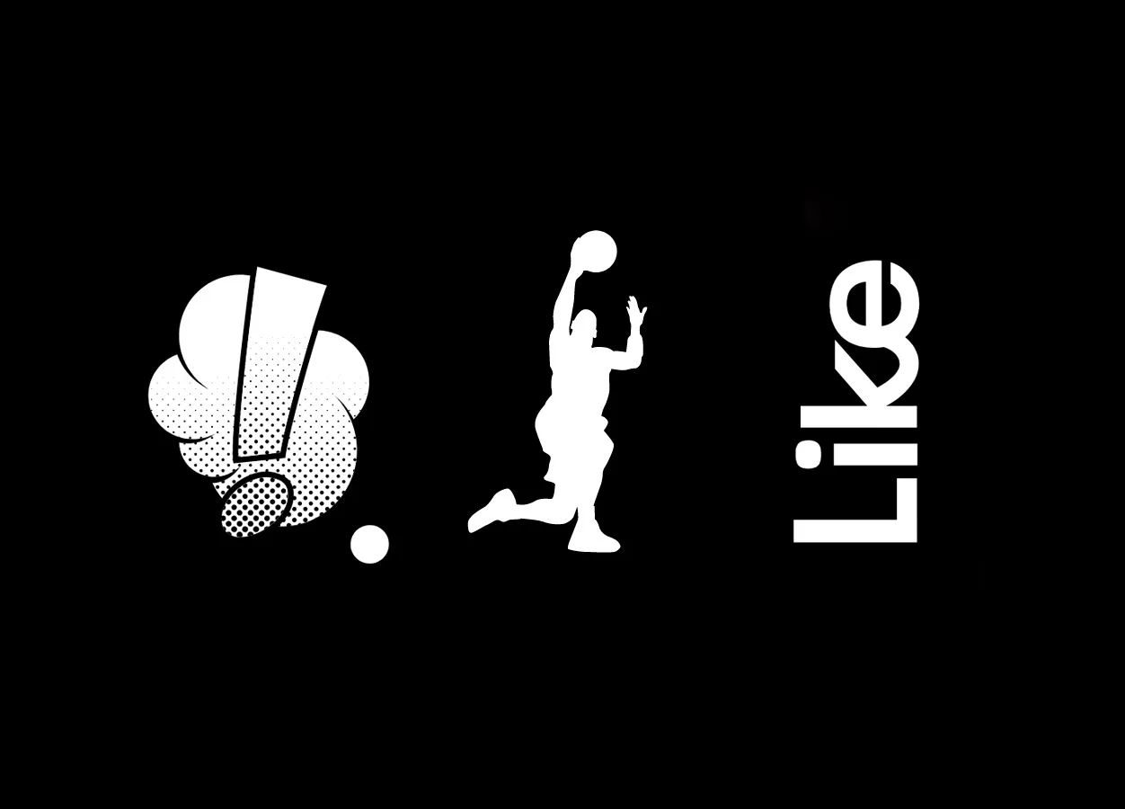Graphique blanc sur fond noir présentant un symbole de bulle de dialogue de bande dessinée, une silhouette d'un joueur de basket-ball et le mot 'Like'.