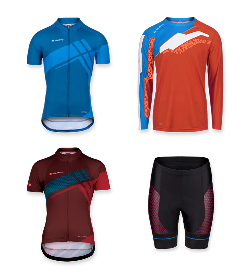 Tous les produits Aperçu de quatre maillots de cyclisme et d'un short de cyclisme owayo, comprenant un maillot bleu à manches courtes, un maillot orange à manches longues, un maillot rouge foncé à manches courtes et un short de cyclisme noir avec des accents rouges et bleus.