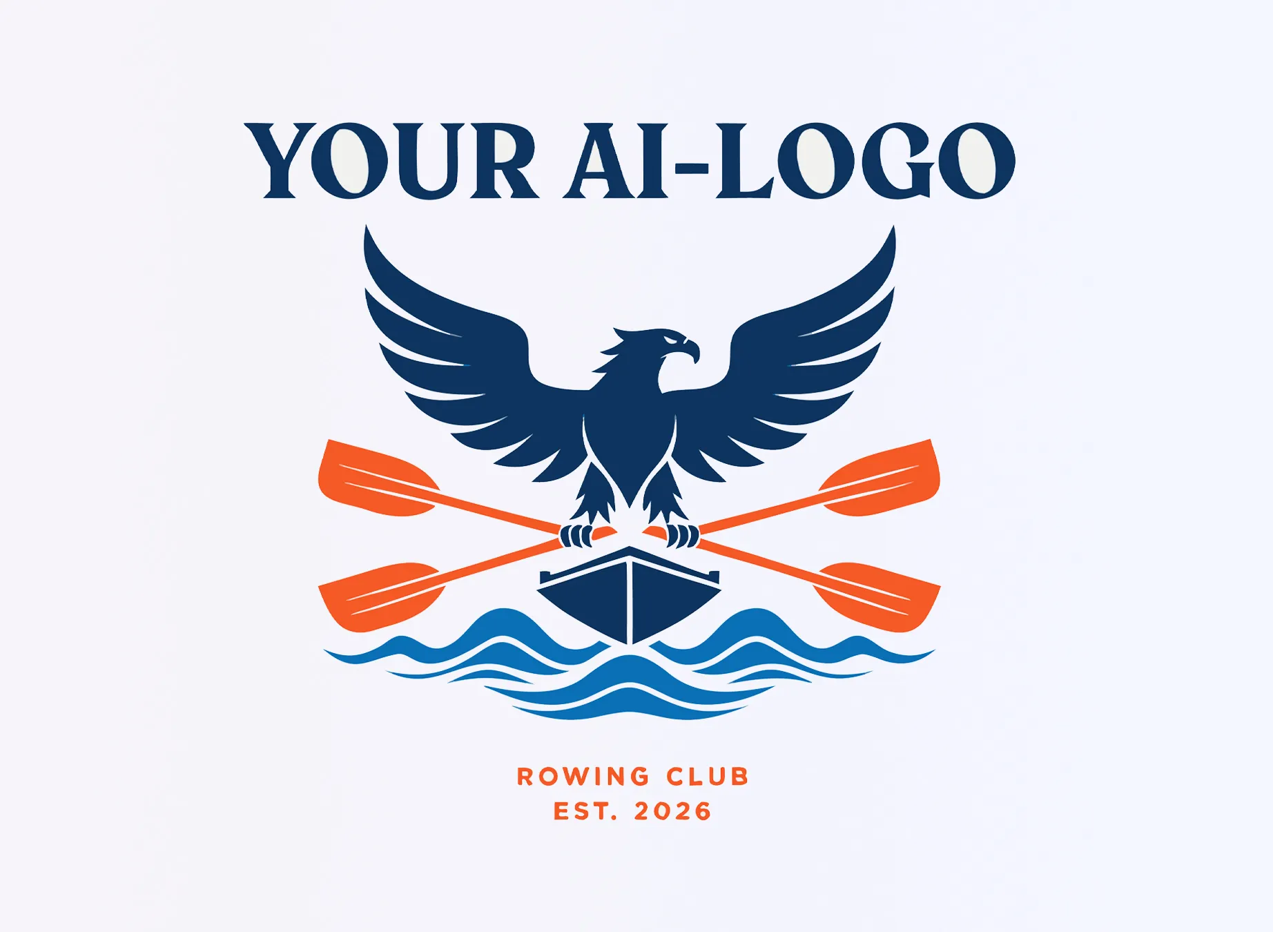 Un logo avec un aigle surplombant un bateau et des rames, avec des vagues en arrière-plan et le texte 'YOUR AI-LOGO' au-dessus.
